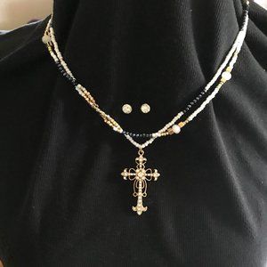 GOLD CROSS NECKLACE+RHINESTONE STUD EARRINGS, NWT